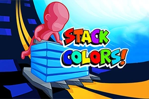 En rød figur stabler blå blokker foran en fargerik bakgrunn med teksten Stack Colors!