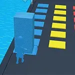 En rød figur stabler blå blokker foran en fargerik bakgrunn med teksten Stack Colors!
