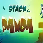 En tegneseriepanda svever over en stabel med gule spiraler mot en grønn-blå bakgrunn, med teksten Stack Panda ved siden av