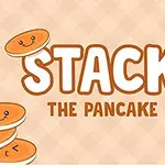 Teksten STACK THE PANCAKE er omgitt av illustrerte pannekaker med glade ansikter