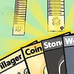 Kort med tekst som viser ord som Villager, Coin, Stone, og Wood mot en bakgrunn med lysstråler