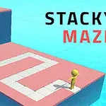 En gul figur står på kanten av en stigende rød og hvit sti i et blått miljø med teksten Stacky Maze skrevet ved siden av