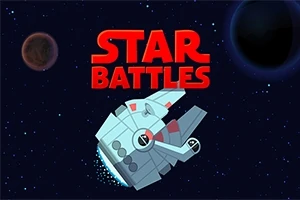 Et romskip flyr gjennom verdensrommet med to planeter i bakgrunnen, mens teksten Star Battles vises i rødt