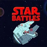 Et romskip flyr gjennom verdensrommet med to planeter i bakgrunnen, mens teksten Star Battles vises i rødt