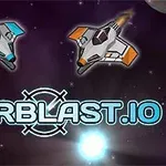 To romskip med blå og oransje detaljer svever i verdensrommet over teksten Starblast