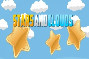 Tegneserieaktige skyer og stjerner med teksten Stars and Clouds på en blå bakgrunn