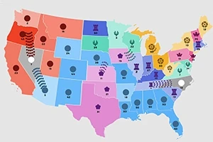 Kart over USA med delstater i ulike farger og spesielle symboler plassert i hver delstat
