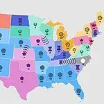 Kart over USA med delstater i ulike farger og spesielle symboler plassert i hver delstat