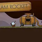 Tegnet scene med en dampdrevet rakett, en karakter med hjelm, og et skilt som sier STEAM ROCKET