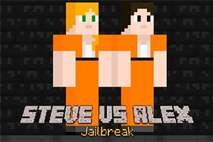 To blokklignende figurer i oransje fangedrakter med teksten Steve vs Alex Jailbreak under