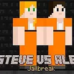 To blokklignende figurer i oransje fangedrakter med teksten Steve vs Alex Jailbreak under