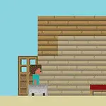 En pixelert figur står ved siden av en dør på et sandlandskap med en trekonstruksjon og en seng, mot en lys blå himmel