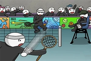 Tegnet scene av to figurer som spiller tennis, med publikum og en dommer i bakgrunnen