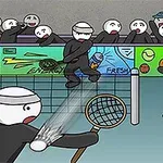 Tegnet scene av to figurer som spiller tennis, med publikum og en dommer i bakgrunnen