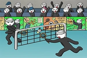 To personer spiller badminton foran et publikum i en fargerik innendørs arena