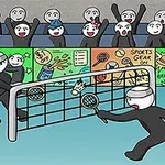 To personer spiller badminton foran et publikum i en fargerik innendørs arena