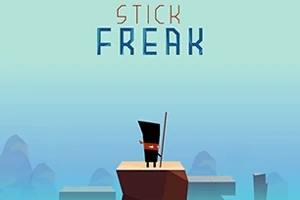 En stilisert figur med et skjerf står på en plattform mot en blå bakgrunn, med teksten Stick Freak øverst