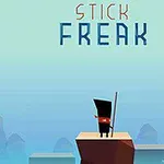 En stilisert figur med et skjerf står på en plattform mot en blå bakgrunn, med teksten Stick Freak øverst