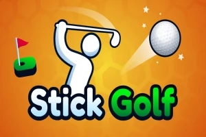 En hvit figur svinger en golfkølle mot en golfball, med en grønn golfbane og flagg til venstre, på en oransje bakgrunn
