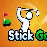 En hvit figur svinger en golfkølle mot en golfball, med en grønn golfbane og flagg til venstre, på en oransje bakgrunn