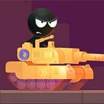 En tegneseriefigur med et svart ansikt kjører en gul-oransje tank med lilla bakgrunn