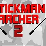 Stor rød tekst der det står Stickman Archer 2 over en gråtonet skogsbakgrunn med silhuetter av trær og piler