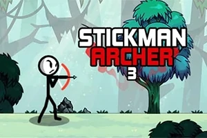 En strekfigur med bue og pil står mot en fargerik skogbakgrunn med teksten Stickman Archer 3