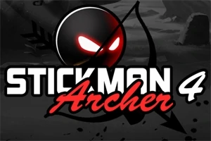 Illustrasjon av en stickman med rød glødende ansikt og bue, med teksten Stickman Archer 4 i forgrunnen