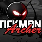 Illustrasjon av en stickman med rød glødende ansikt og bue, med teksten Stickman Archer 4 i forgrunnen