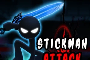 En silhuett av en strekfigur med glødende øyne som holder et lysende sverd, med teksten Stickman Attack i forgrunnen