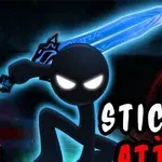 En silhuett av en strekfigur med glødende øyne som holder et lysende sverd, med teksten Stickman Attack i forgrunnen