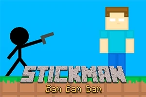 En strekmann peker en pistol mot en blokkaktig figur mot en blå bakgrunn med teksten Stickman Bam Bam Bam nederst