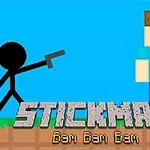 En strekmann peker en pistol mot en blokkaktig figur mot en blå bakgrunn med teksten Stickman Bam Bam Bam nederst
