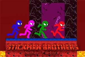 Fire fargerike strekmenn løper på en plattform foran en lilla bakgrunn med teksten Stickman Brothers Nether Parkour under