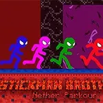 Fire fargerike strekmenn løper på en plattform foran en lilla bakgrunn med teksten Stickman Brothers Nether Parkour under