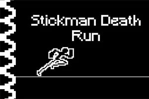 Svart-hvitt bilde med teksten Stickman Death Run og en enkel tegning av en blomst