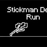 Svart-hvitt bilde med teksten Stickman Death Run og en enkel tegning av en blomst
