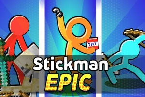 Fargerike strekmenn poserer med ulike gjenstander mot en stripet bakgrunn, med teksten Stickman Epic i forgrunnen