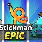 Fargerike strekmenn poserer med ulike gjenstander mot en stripet bakgrunn, med teksten Stickman Epic i forgrunnen