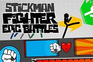 Tegning av en stickman som sparkes mot høyre med fargerike grafiske elementer og teksten Stickman Fighter Epic Battles