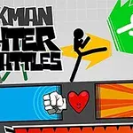 Tegning av en stickman som sparkes mot høyre med fargerike grafiske elementer og teksten Stickman Fighter Epic Battles