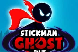 En svart strekfigur med rød kappe og glødende øyne mot en blå bakgrunn, med teksten Stickman Ghost Online under