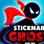 En svart strekfigur med rød kappe og glødende øyne mot en blå bakgrunn, med teksten Stickman Ghost Online under
