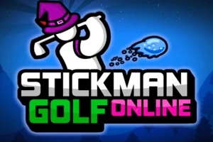 En animerte figur med rosa hatt svinger en golfkølle, med tekst under i fargerik stil
