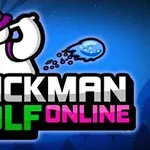 En animerte figur med rosa hatt svinger en golfkølle, med tekst under i fargerik stil