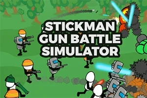 Tegneseriefigurer med våpen i en skog, med teksten Stickman Gun Battle Simulator i midten