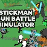 Tegneseriefigurer med våpen i en skog, med teksten Stickman Gun Battle Simulator i midten