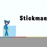 En blå figur med et stort smil står ved siden av teksten Stickman Huggy på en enkel bakgrunn