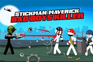 En tegnet scene med en stickman-figur i militærutstyr som skyter på andre stickmen med en bakgrunn av en helikopter og bysilhuett