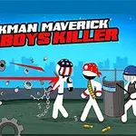 En tegnet scene med en stickman-figur i militærutstyr som skyter på andre stickmen med en bakgrunn av en helikopter og bysilhuett